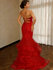 Elegant Mermaid Spaghetti Straps Red Sequin With Beadings Long Formal Prom Evening Dress Dinner Outfits Party Gowns AB2142