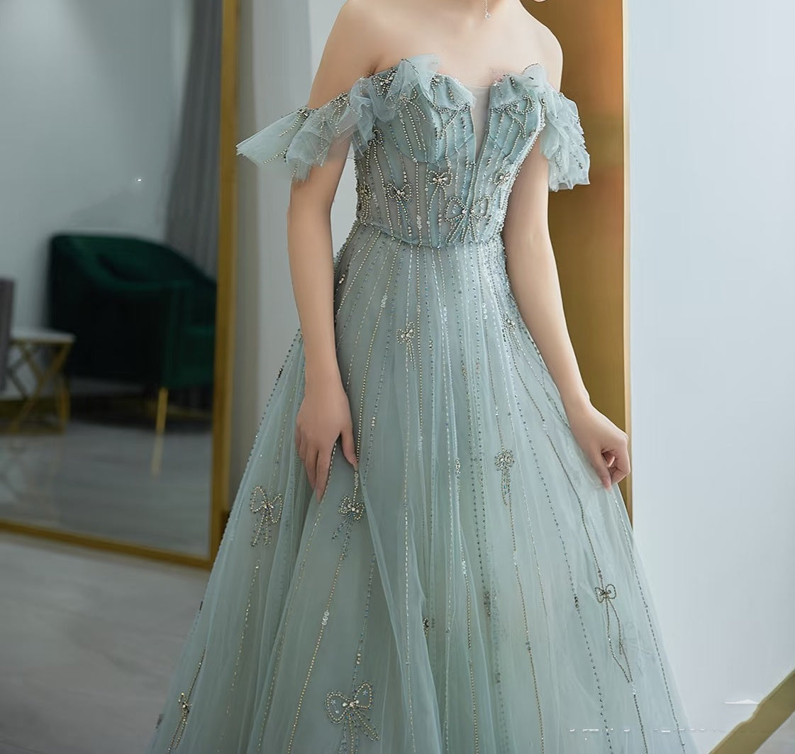 Elegant A line Square Neck Green Tulle Long Formal Prom Evening Dresses Dinner Outfits Party Gowns AQ137