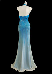 Modest Mermaid Halter Blue With Slit Beads Sleeveless Long Prom Dresses High School Senior Graduation Dance Party Outfits AS016