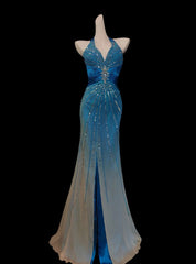 Modest Mermaid Halter Blue With Slit Beads Sleeveless Long Prom Dresses High School Senior Graduation Dance Party Outfits AS016