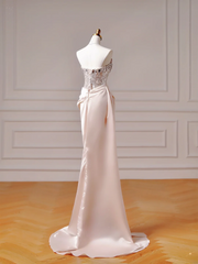 Chic Prom Dresses Aesthetic Mermaid Strapless Blush Pink Satin With Pleated Beads Slit Inspo Impress Long Party Formal Gown For Teenagers High Schools AQ020