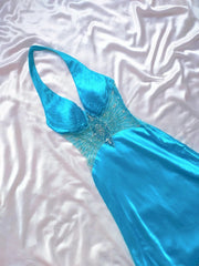 Vintage Mermaid Halter Blue Satin Sleeveless Long Prom Dresses High School Senior Graduation Dance Evening Outfits AS025