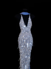 Affordable Sequin 1950s Formal Mermaid V Neck Halter Blue With Beads Style Impress Long Prom Dresses Party Formal Gowns SA031