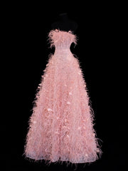 Modest Prom Dress Aesthetic Ball Gowns Strapless Tulle Pink With Feathers Style Impress Long Prom Dresses Party Formal Gown SA033