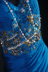 Vintage Prom Dresses 90s Formal Mermaid V Neck Royal Blue Chiffon With Beadings Lace Long Party Gowns Prom Dresses AS042