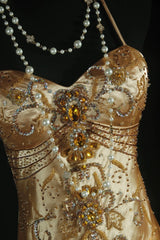 Vintage Prom Dresses 90s Formal Mermaid Halter Gold Silk Satin With Beadings Long Party Gowns Prom Dresses AS043