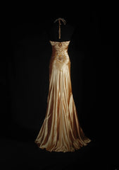 Vintage Prom Dresses 90s Formal Mermaid Halter Gold Silk Satin With Beadings Long Party Gowns Prom Dresses AS043