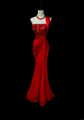 Classic Mermaid One Shoulder Red Chiffon Ruffles Long Prom Dresses High School Senior Graduation Dance Evening Outfits AS057