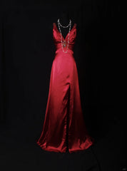 Vintage Sheath V Neck Backless Satin Red Party Dress With Beads 1950s Retro Classy Birthday Dinner Long Prom Dresses AS060