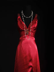 Vintage Sheath V Neck Backless Satin Red Party Dress With Beads 1950s Retro Classy Birthday Dinner Long Prom Dresses AS060