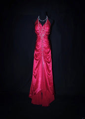 Charming Mermaid Halter Hot Pink Satin Sleeveless Long Prom Dresses Party Formal Gowns AS077