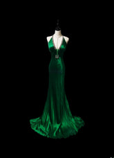 Vintage Mermaid Halter Green Satin With Beading Sleeveless Long Prom Dresses High School Senior Graduation Dance Evening Outfits AS087