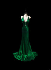 Vintage Mermaid Halter Green Satin With Beading Sleeveless Long Prom Dresses High School Senior Graduation Dance Evening Outfits AS087