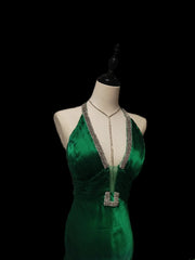 Vintage Mermaid Halter Green Satin With Beading Sleeveless Long Prom Dresses High School Senior Graduation Dance Evening Outfits AS087