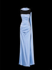 Classy Sheath Spaghetti Strap Light Sky Blue Satin Formal Style Impress Long Prom Dresses Party Gowns SA095