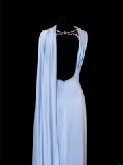 Classy Sheath Spaghetti Strap Light Sky Blue Satin Formal Style Impress Long Prom Dresses Party Gowns SA095
