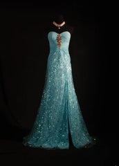 Vintage 80s Formal Mermaid Sweetheart Blue With Pleated Slit Beads Sleeveless Long Prom Dresses Party Formal Gowns AS095