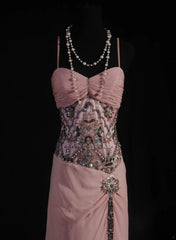 Vintage A Line Spaghetti Strap Pink Floor Length Chiffon Party Dress With Beads 1950s Retro Classy Birthday Dinner Prom Dresses AS100