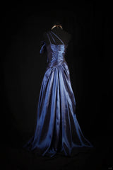 Retro Vintage 1960s Formal A line One Shoulder Fashion Navy Blue Satin With Beads Sleeveless Long Prom Dresses Party Formal Gowns AS120