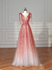 Elegant A Line V Neck Tulle Long Formal Prom Dresses Dance Night Outfits Evening Party Gowns AB2206