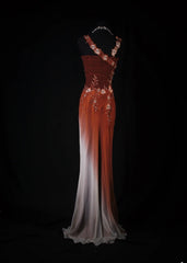 Chic Mermaid Spaghetti Straps Burguny Chiffon With Beads Appliques Long Formal Fancy Prom Dresses Night Outfits Party Gowns For Teens AB2187