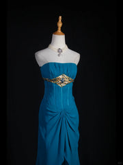 Vintage Mermaid Strapless Blue Chiffon Long Formal Old 1950s Prom Dresses Night Outfits Party Gowns AS251