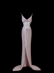 Chic Formal Mermaid Spaghetti Strap Pink Satin With Slit Cape Style Impress Long Prom Dresses Party Gowns AS600