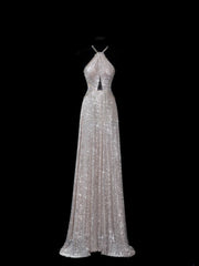 Chic A line Halter Champagne Sequin Long Prom Formal Fancy Evening Dresses Dinner Outfits Classy Party Gowns AS615