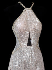 Chic A line Halter Champagne Sequin Long Prom Formal Fancy Evening Dresses Dinner Outfits Classy Party Gowns AS615