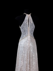 Chic A line Halter Champagne Sequin Long Prom Formal Fancy Evening Dresses Dinner Outfits Classy Party Gowns AS615