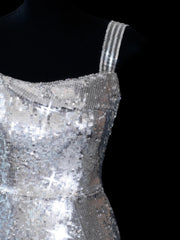 Chic Sheath Square Neck Silver Sequin Long Prom Formal Fancy Evening Dresses Dinner Outfits Classy Party Gowns AS617