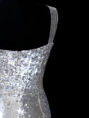 Chic Sheath Square Neck Silver Sequin Long Prom Formal Fancy Evening Dresses Dinner Outfits Classy Party Gowns AS617