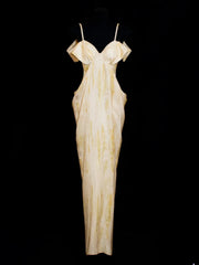 Chic Sheath Spaghetti Strap Yellow Long Prom Formal Fancy Evening Dresses Dinner Outfits Classy Party Gowns AS619