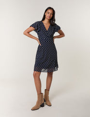 Polka Dot Mesh Frill Sleeve Wrap Dress With Tie Waist