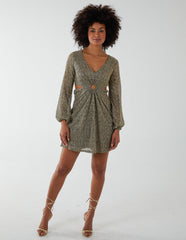 V-Neck Long Sleeve Metallic Dress
