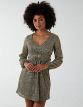 V-Neck Long Sleeve Metallic Dress