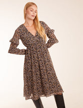 V Neck Frill Sleeve Wrap Midi Dress