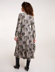 Geometric Wrap Front Belted Midi Dress