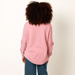 Loop Back Sweat Bow Sleeve Raw Edge V Neck Top