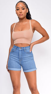 Chase Blue High Rise Cuffed Hem Shorts