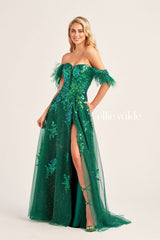 Ellie Wilde EW35220 Long Formal Glitter Detachable Sleeve Prom Gown