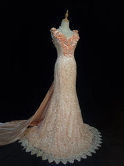 Beautiful Prom Dresses Mermaid V Neck Lace Pink With 3D Flowers Sleeveless Long Formal Evening Outfits N3648