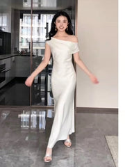 Simple Mermaid Off The Shoulder White Long Prom Gown Party Wear Fashion Dresses N1822