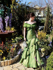 Modest Mermaid Off The Shoulder Dark Green With Short Sleeves Long Formal Gowns Prom Dresses N2067
