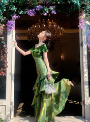 Modest Mermaid Off The Shoulder Dark Green With Short Sleeves Long Formal Gowns Prom Dresses N2067