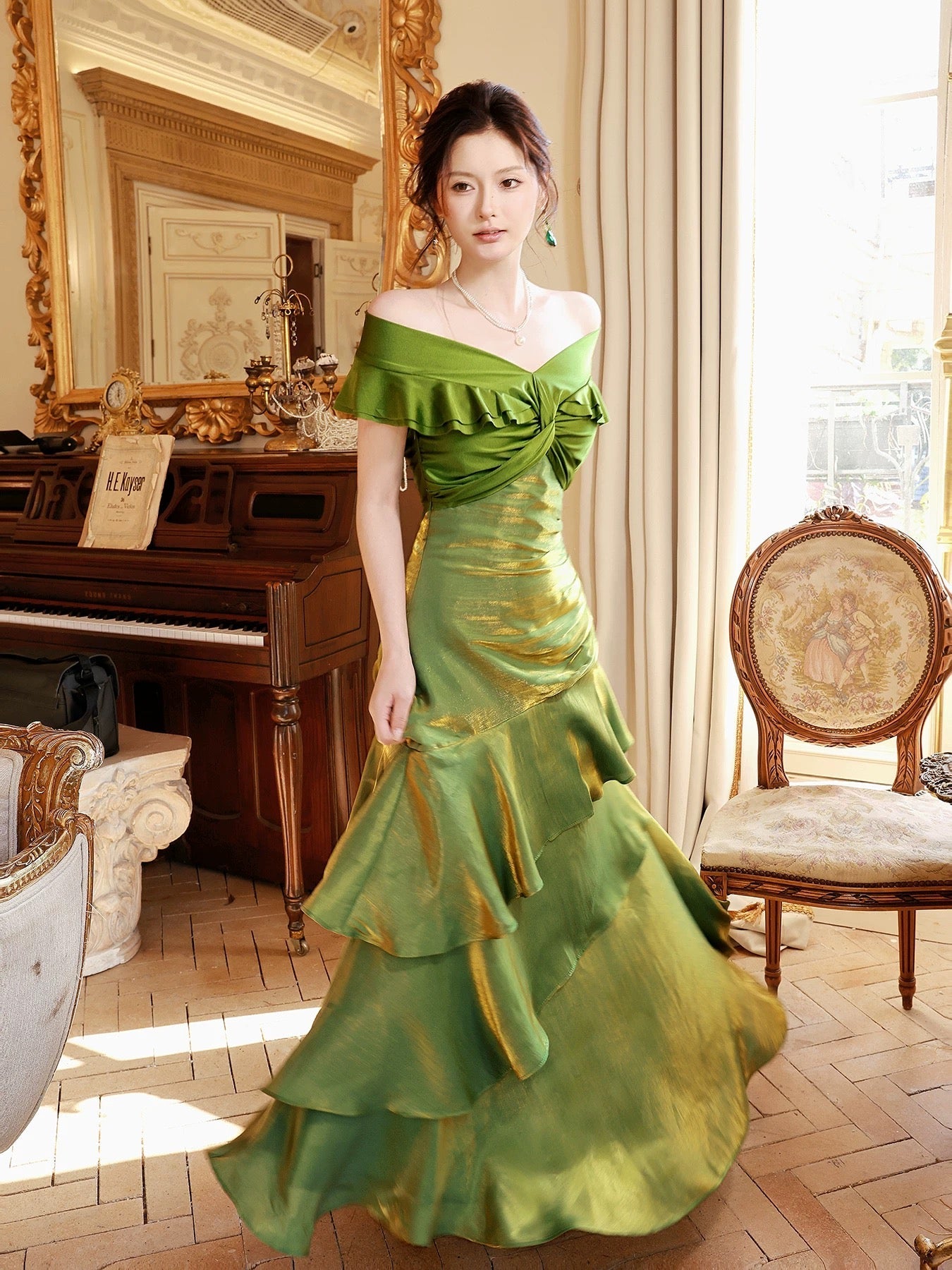 Modest Mermaid Off The Shoulder Dark Green With Short Sleeves Long Formal Gowns Prom Dresses N2067