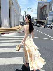 Modest French Style Mermaid Spaghetti Straps Yellow Floral Chiffon Fashion Women Long Formal Outfits Prom Dresses N2078