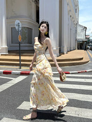 Modest French Style Mermaid Spaghetti Straps Yellow Floral Chiffon Fashion Women Long Formal Outfits Prom Dresses N2078