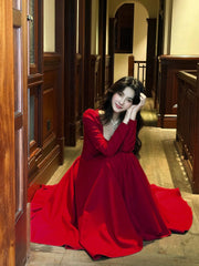 Classy A Line Square Neck Burgundy With Long Sleeves Satin For Women Girls Teens Prom Dresses N2186