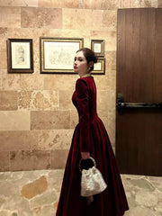 French Style A Line Square Neck Burgundy With Long Sleeves Summer Formal For Women Teens Prom Dresses N2218